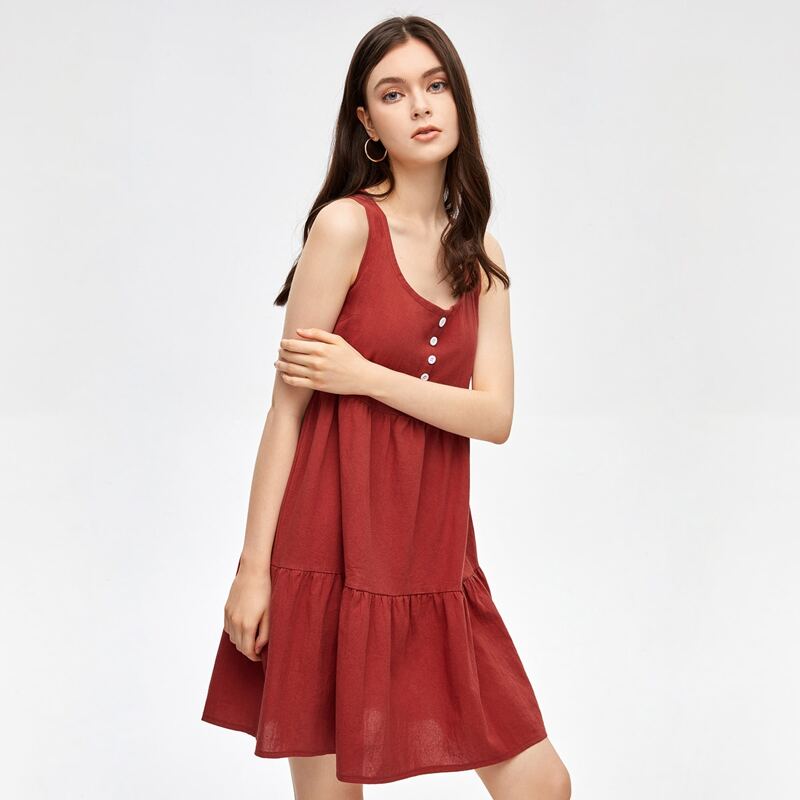 

Solid Button Smock Dress, Red