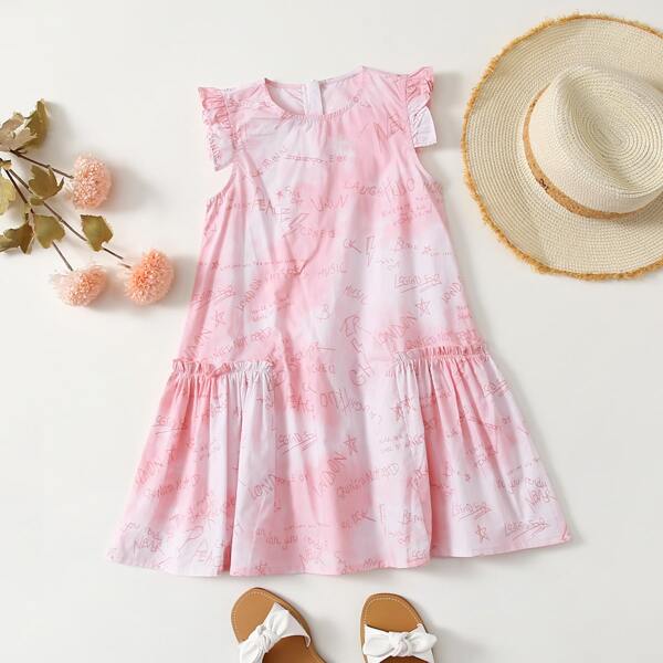 

Girls Letter Graphic Ruffle Trim Smock Dress, Pink