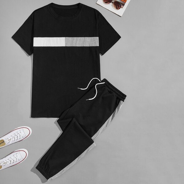 

Men Colorblock Tee & Drawstring Waist Sweatpants, Black