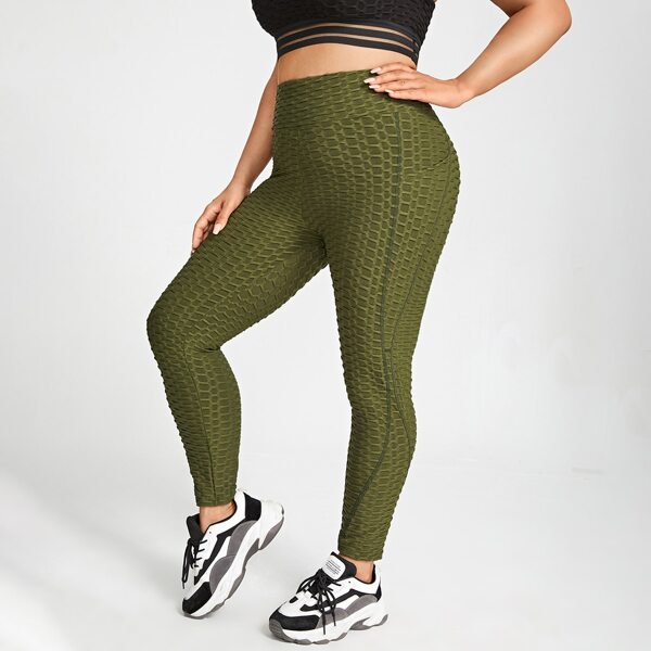 

Plus Honeycomb Textured Solid Sports Leggings With Phone Pocket, Army green
