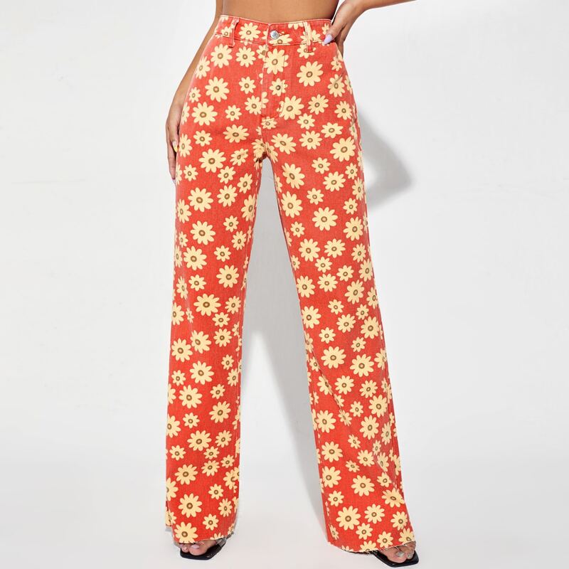

Allover Floral Print Straight Leg Jeans, Multicolor