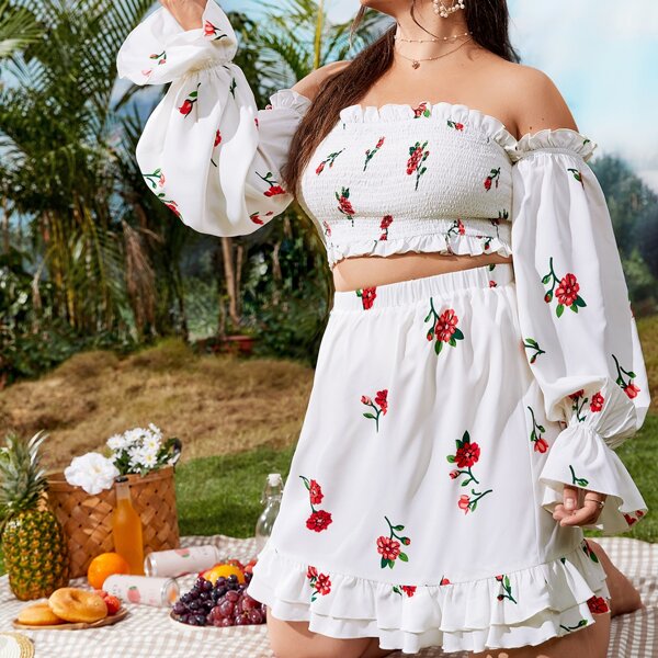 

Plus Off Shoulder Flounce Sleeve Shirred Floral Top and Skirt Set, White