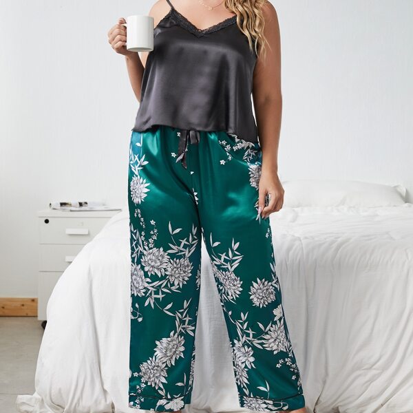

Plus Satin Floral Print Contrast Lace Cami Pajama Set, Multicolor