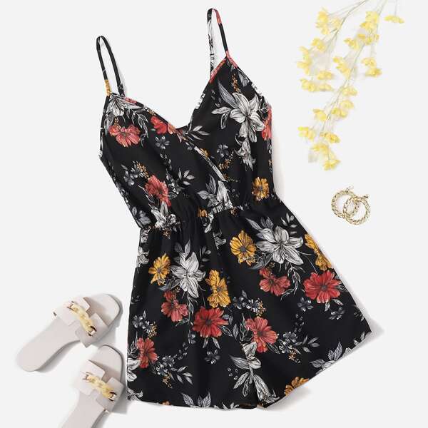 

Floral Print Surplice Front Cami Romper, Black