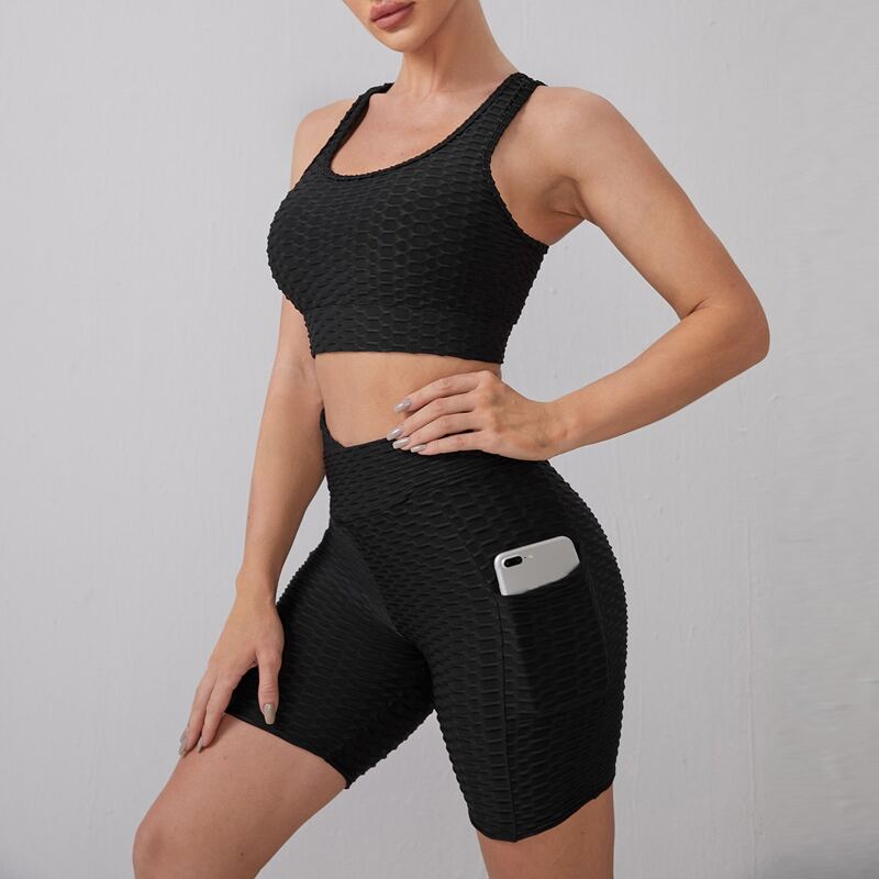 

Textured Crisscross Sports Tank Top & Wrap Cross Waist Shorts With Phone Pocket Set, Black