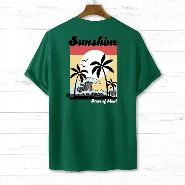 

Men Letter & Tropical Print Tee, Green