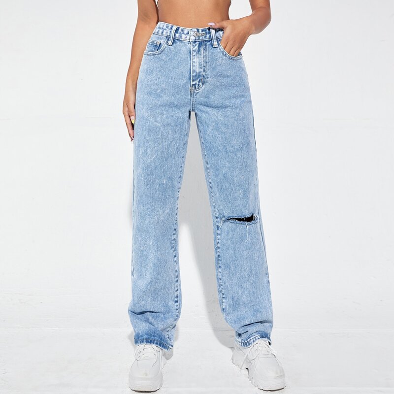 

High Waist Ripped Straight Leg Jeans, Light wash