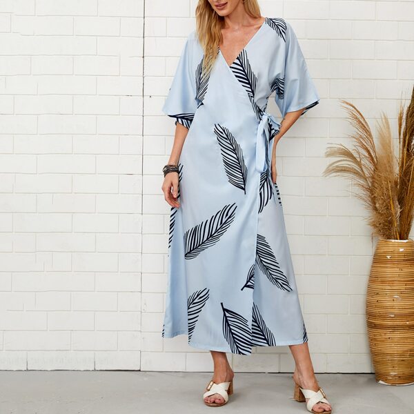 

Leaf Print Tie Side Wrap Tunic Dress, Dusty blue