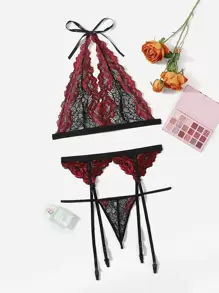 Plus Floral Lace Halter Garter Lingerie Set - Multicolor - View 1