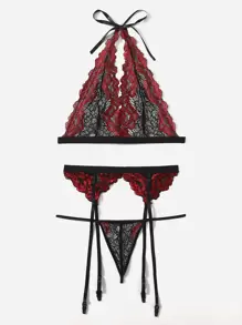 Plus Floral Lace Halter Garter Lingerie Set - Multicolor - View 4