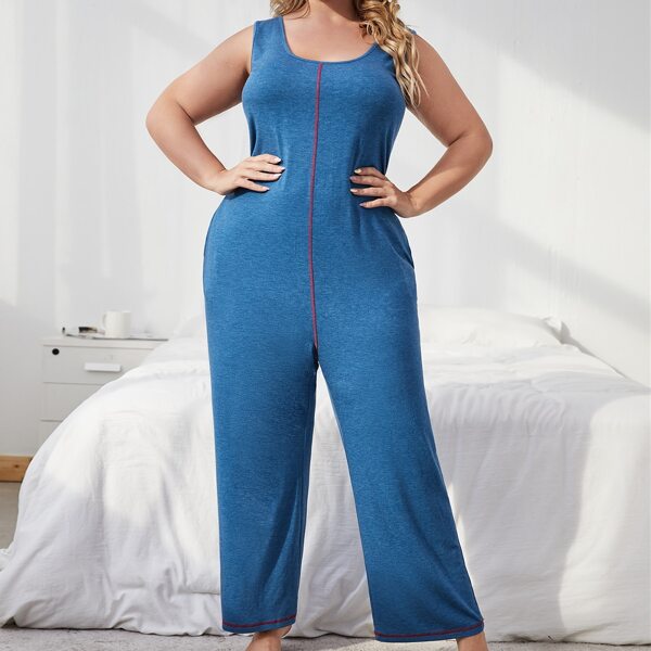 

Plus Scoop Neck Slant Pocket Sleep Jumpsuit, Dusty blue