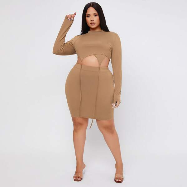 

Plus Asymmetrical Hem Crop Tee With Bodycon Skirt, Apricot