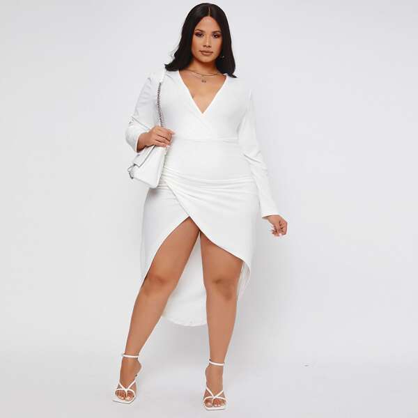 

Plus Plunging Neck Asymmetrical Hem Dress, White