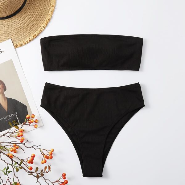 

Solid Bandeau High Waisted Bikini Swimsuit, Black