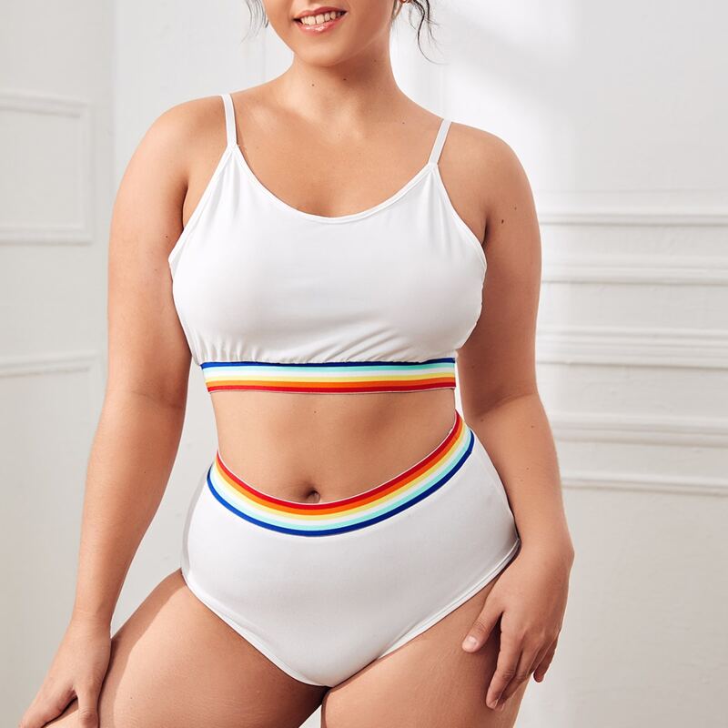 

Plus Rainbow Stripe Tape Lingerie Set, White