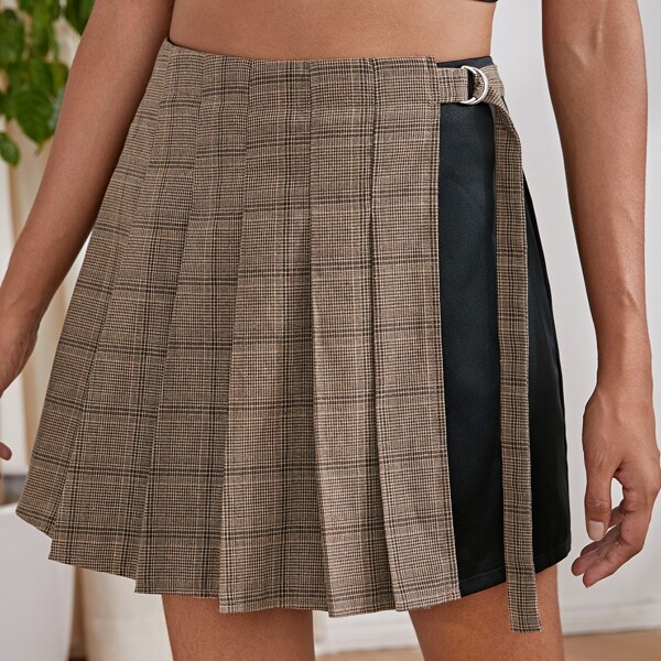 

Tartan Print Buckle Side Zip Back Pleated Skirt, Multicolor