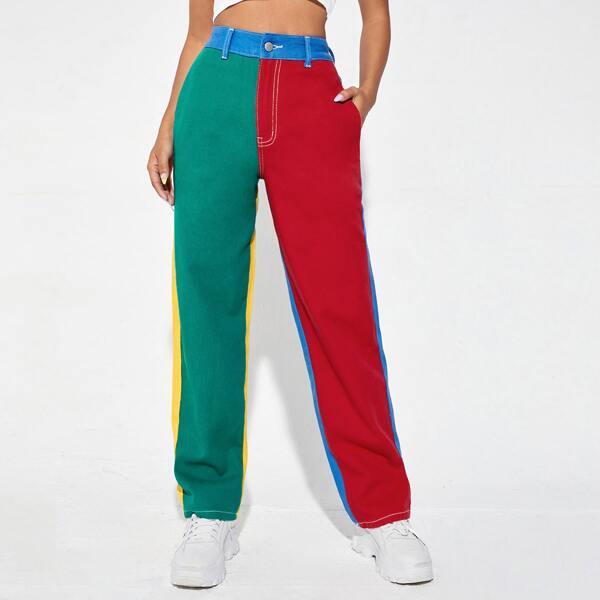 

High Waist Colorblock Straight Leg Jeans, Multicolor