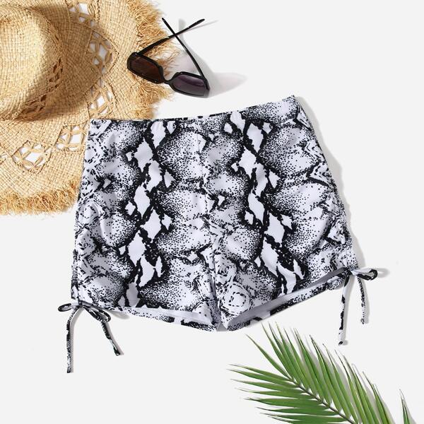 

Plus Snakeskin Print Tie Side Bikini Shorts, Black and white
