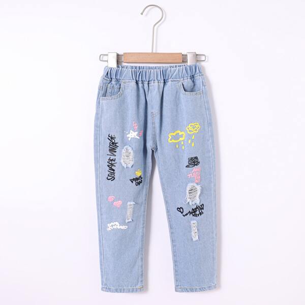 

Toddler Girls Letter Graphic Ripped Jeans, Light wash