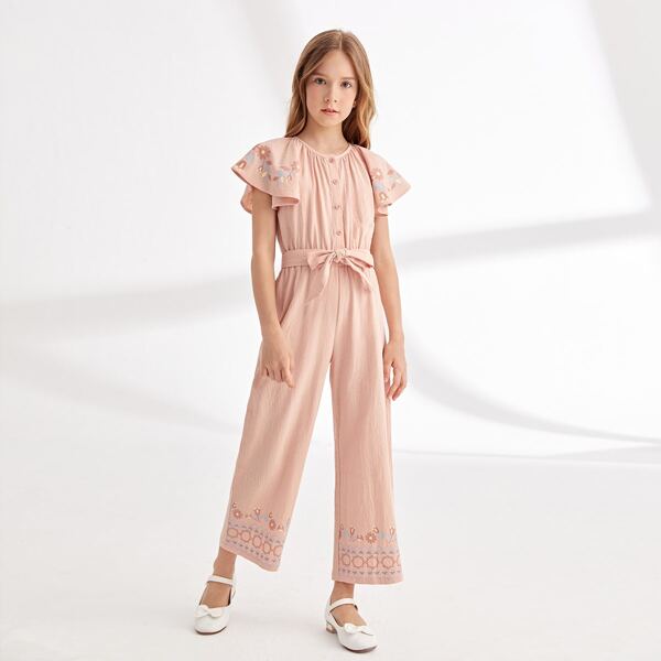 

Girls Butterfly Sleeve Self Belted Floral Jumpsuit, Baby pink