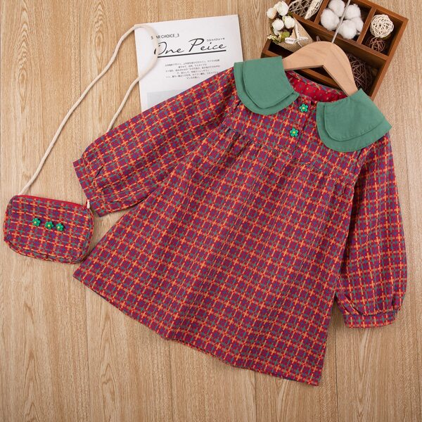 

Toddler Girls Contrast Doll Collar Plaid Dress & Bag, Red