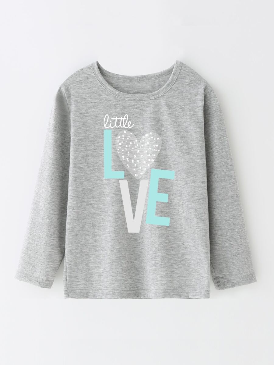 SHEIN Young Girl Heart And Letter Graphic Tee - Grey - View 1