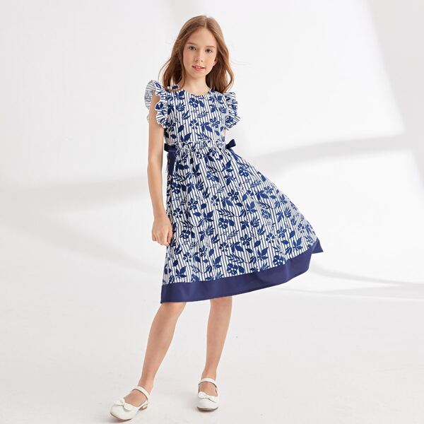 

Girls Bow Side Floral Dress, Blue and white