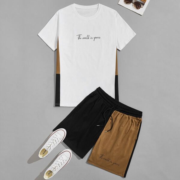 

Men Letter Graphic Tee & Colorblock Track Shorts, Multicolor