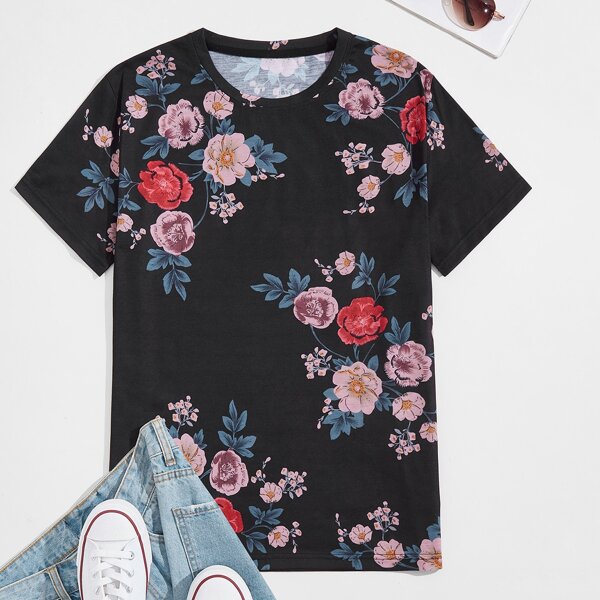 

Men Floral Print Tee, Black