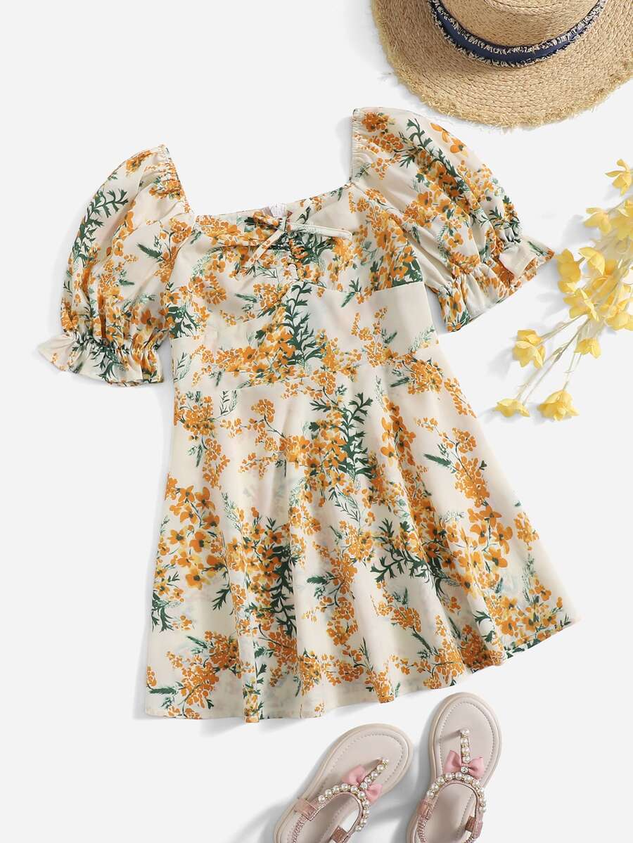 SHEIN Girls Puff Sleeve Knot Floral Print Dress - Multicolor - View 1