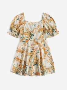 SHEIN Girls Puff Sleeve Knot Floral Print Dress - Multicolor - View 2