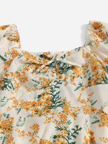 SHEIN Girls Puff Sleeve Knot Floral Print Dress - Multicolor - View 4