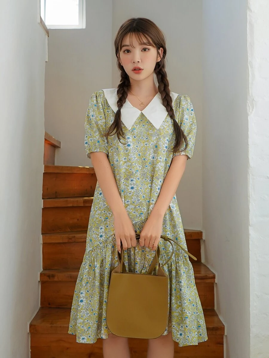 DAZY Váy hoa cổ Peter Pan tương phản - Nhiều màu - Xem 1