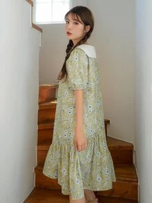 DAZY Váy hoa cổ Peter Pan tương phản - Nhiều màu - Xem 2