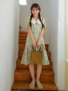 DAZY Váy hoa cổ Peter Pan tương phản - Nhiều màu - Xem 4