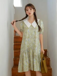 DAZY Váy hoa cổ Peter Pan tương phản - Nhiều màu - Xem 5