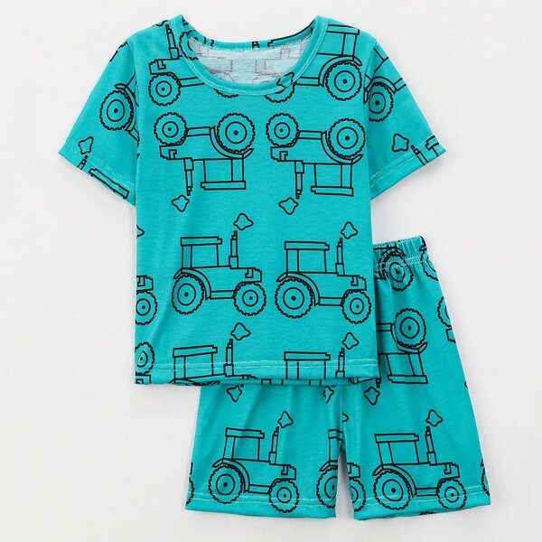 

Toddler Boys Cartoon Tractor Print PJ Set, Cadet blue