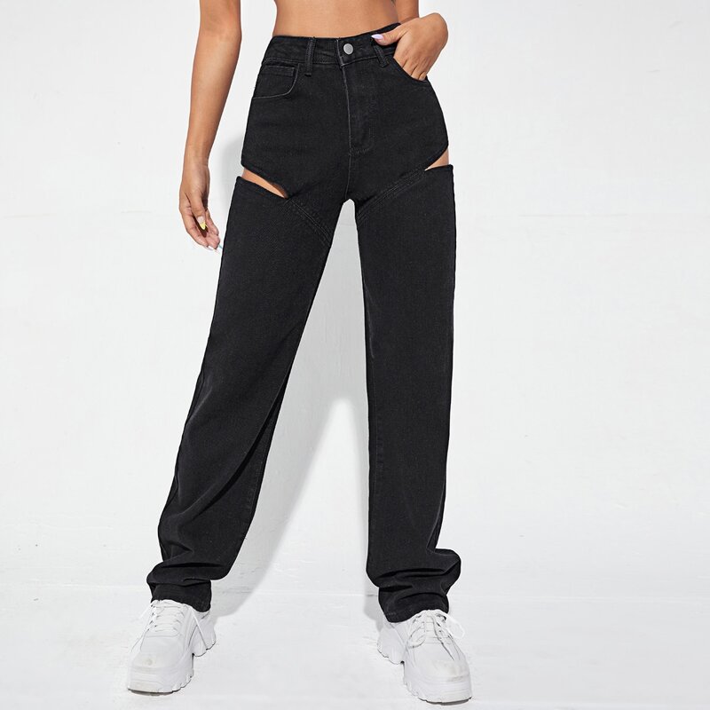 

High Waist Cut-out Jeans, Black