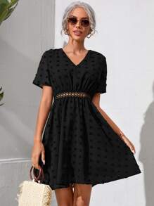 Swiss Dot Contrast Lace A-line Dress - Black - View 1