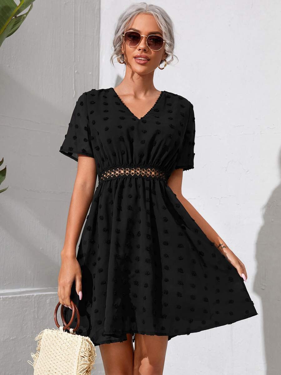 Swiss Dot Contrast Lace A-line Dress - Black - View 1