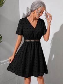 Swiss Dot Contrast Lace A-line Dress - Black - View 3