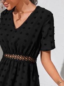 Swiss Dot Contrast Lace A-line Dress - Black - View 5