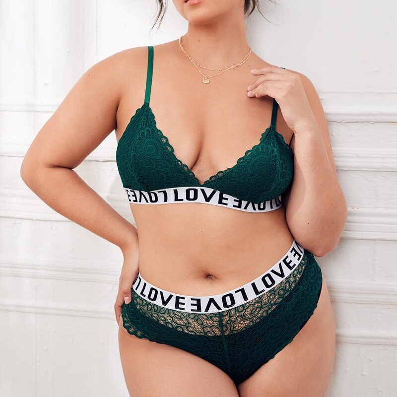 

Plus Floral Lace Letter Tape Lingerie Set, Dark green