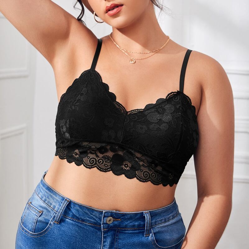 

Plus Floral Lace Scallop Trim Bralette, Black