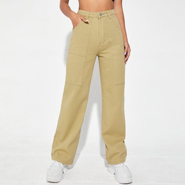 

High Waist Straight Leg Jeans, Khaki