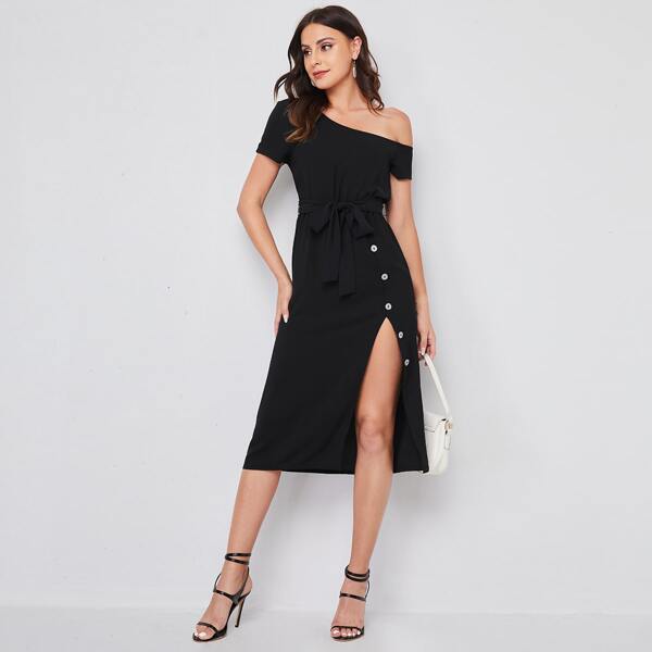 

Asymmetrical Neck Belted Split Thigh Dress, Black