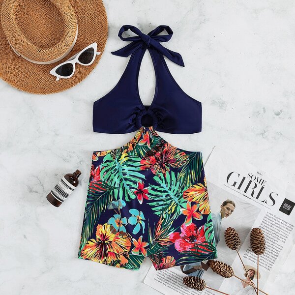 

Tropical Ring Linked Halter One Piece Swimsuit, Multicolor