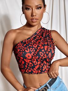 SHEIN Unity Leopard Print Lettuce Frill One Shoulder Top - Multicolor - View 1