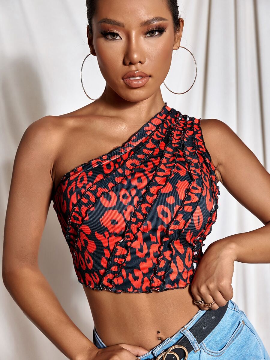 SHEIN Unity Leopard Print Lettuce Frill One Shoulder Top - Multicolor - View 1