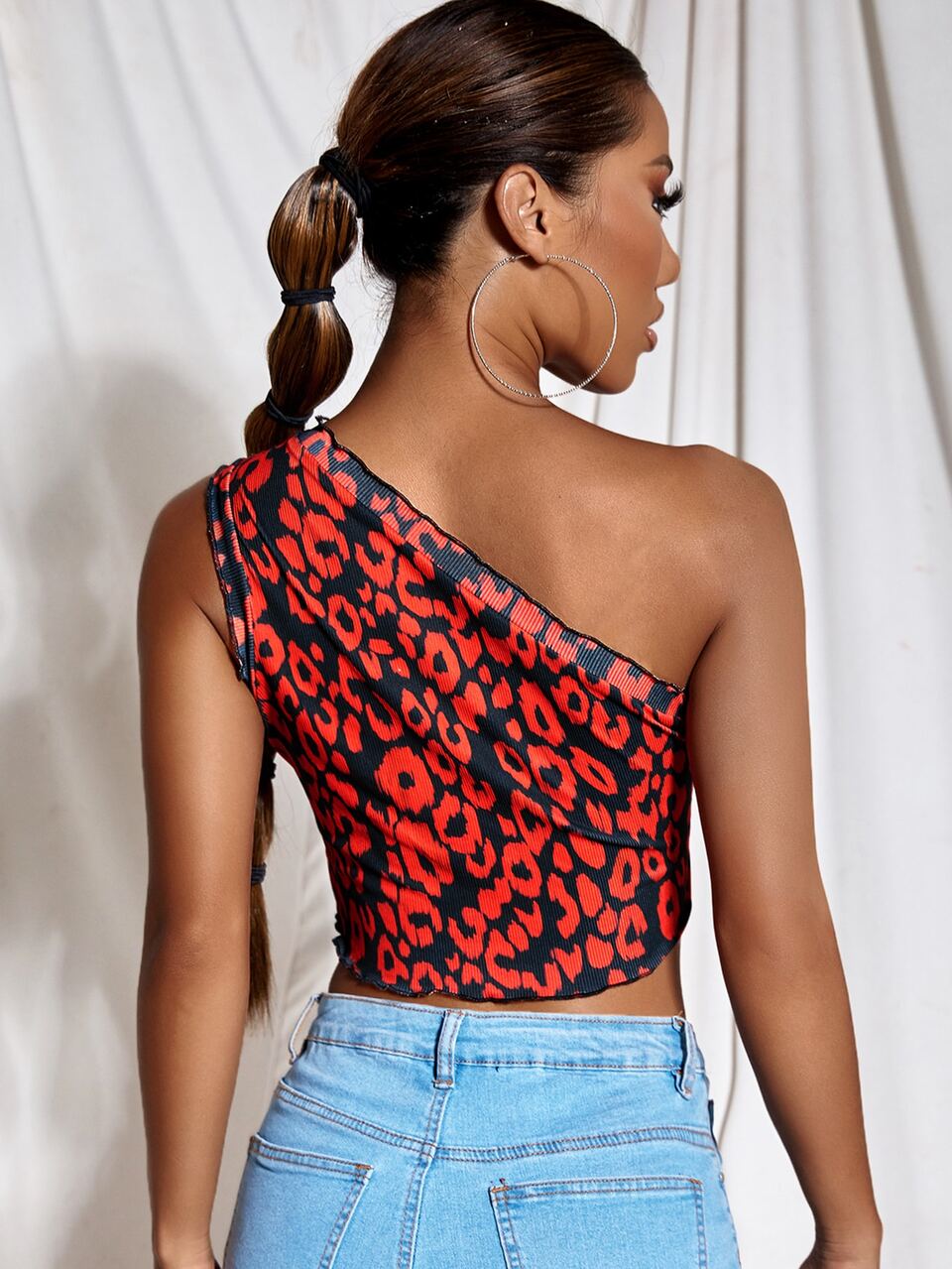 Leopard Print Lettuce Frill One Shoulder Top